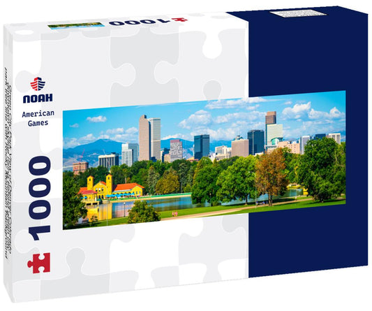 Noah Jigsaw Puzzle Green City Park View of Denver Colorado downtown skyline rising behind green city park tree line with Rocky Mountain background wide panoramic view panorama 1000 pieces