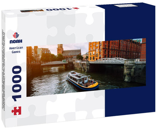 Noah Jigsaw Puzzle Touristic cruise boat on a channel with bridges in the old warehouse district Speicherstadt in Hamburg in golden hour sunset light, Germany panorama 1000 pieces