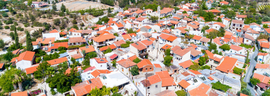 Noah Jigsaw Puzzle Aerial Lania (Laneia) wine village, Limassol, Cyprus. Bird's eye view of traditional Mediterranean, picturesque alleys, red ceramic roof tile houses, vineyards, church and entrance panorama 1000 pieces