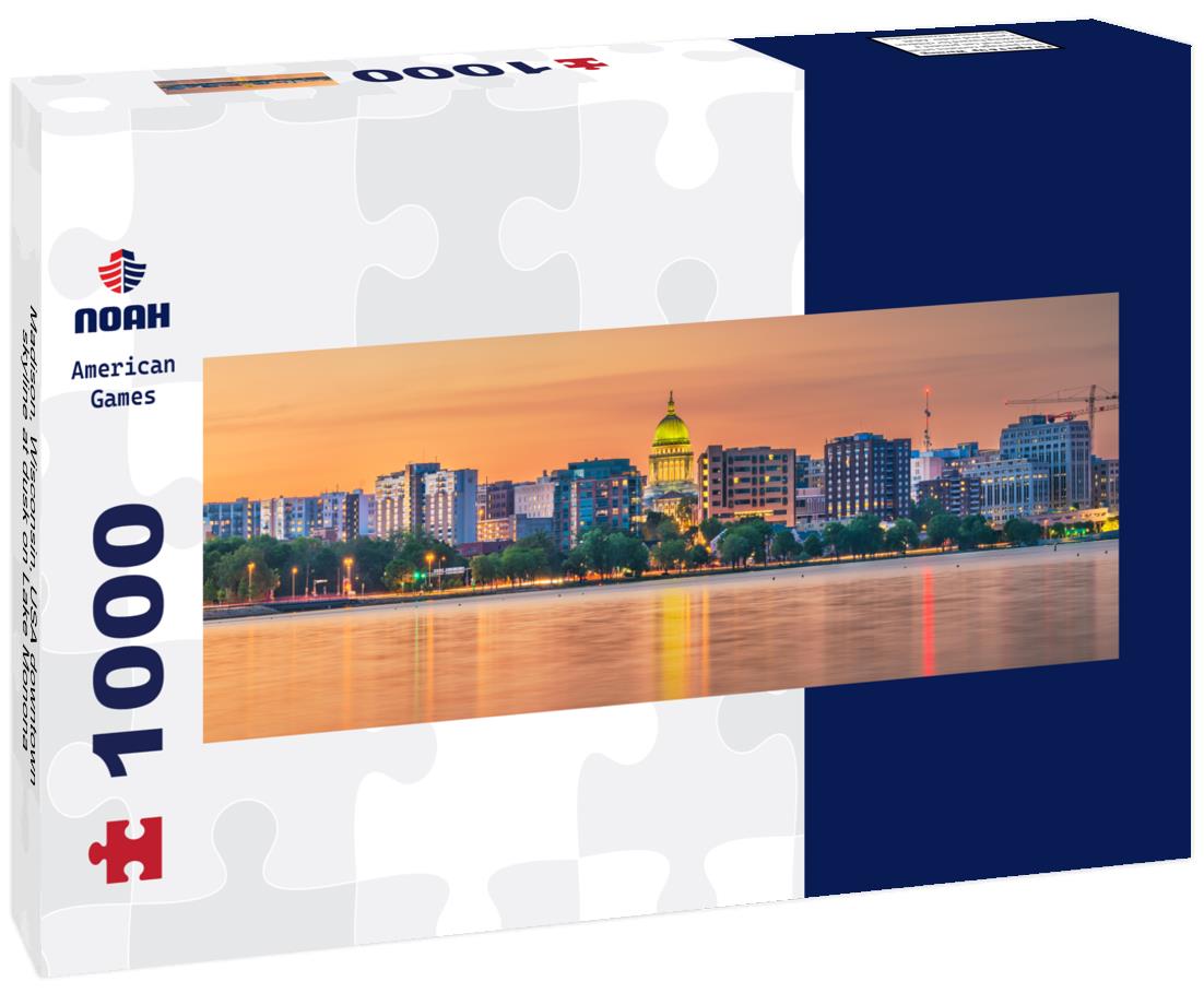 Noah Jigsaw Puzzle Madison, Wisconsin, USA downtown skyline at dusk on Lake Monona panorama 1000 pieces
