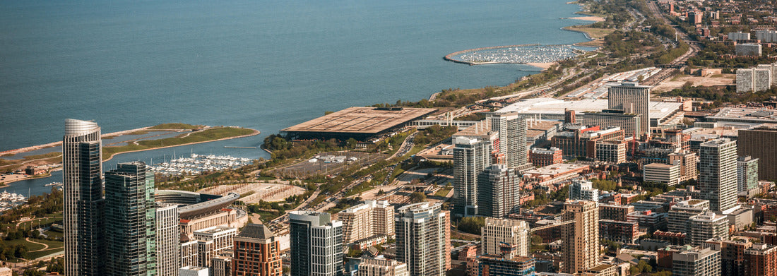 Noah Jigsaw Puzzle Aerial view looking out over the south shore of Chicago Illinois with the steel mills of Gary Indiana in the distance panorama 1000 pieces