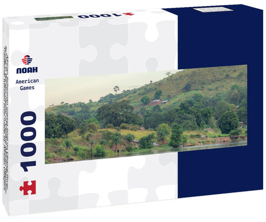 Noah Jigsaw Puzzle African fisherman rowing boat on Ubangi River, fishing in Bangui capital of Central African Republic. Traditional wooden boat made by African villagers panorama 1000 pieces