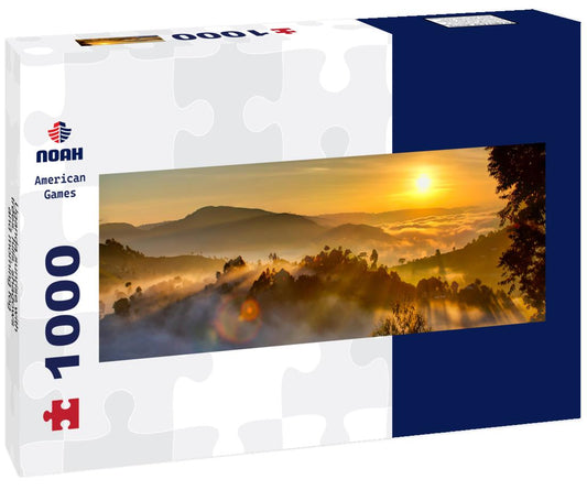 Noah Jigsaw Puzzle Uganda sunrise with trees, hills, shadows and morning fog panorama 1000 pieces