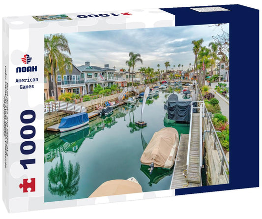 Noah Jigsaw Puzzle Boat docks and stairs at a calm canal in Long beach California neighborhood 1000 pieces