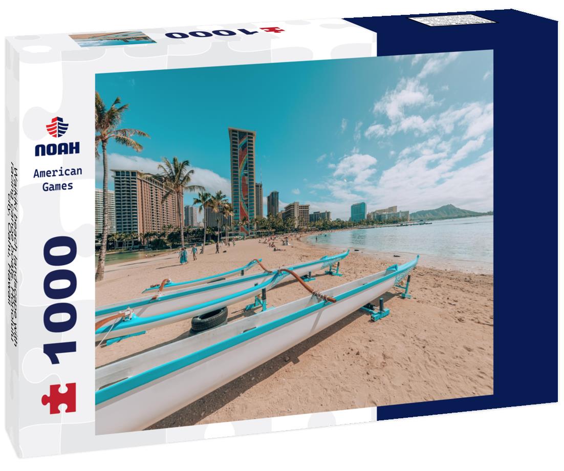 Noah Jigsaw Puzzle Waikiki beach landscape with racing canoe boats. Honolulu city, Oahu, Hawaii 1000 pieces