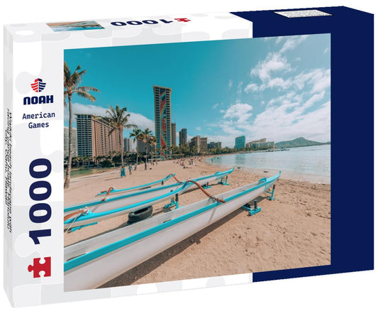 Noah Jigsaw Puzzle Waikiki beach landscape with racing canoe boats. Honolulu city, Oahu, Hawaii 1000 pieces