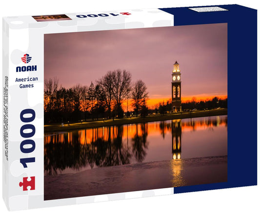 Noah Jigsaw Puzzle Bell tower and lake at Coxhall Garden in Carmel Indiana at sunset in the winter 1000 pieces