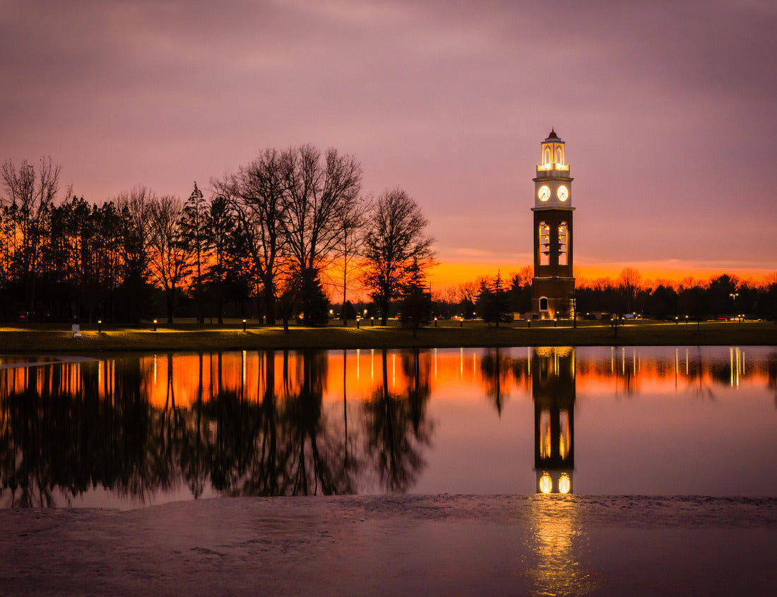 Noah Jigsaw Puzzle Bell tower and lake at Coxhall Garden in Carmel Indiana at sunset in the winter 1000 pieces