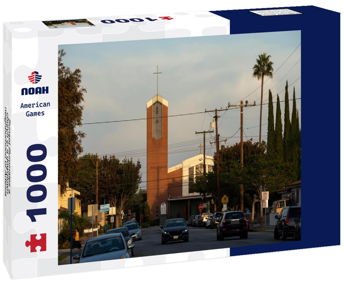 Noah Jigsaw Puzzle Sunset illuminates a church in a downtown neighborhood of Artesia, California, USA 1000 pieces