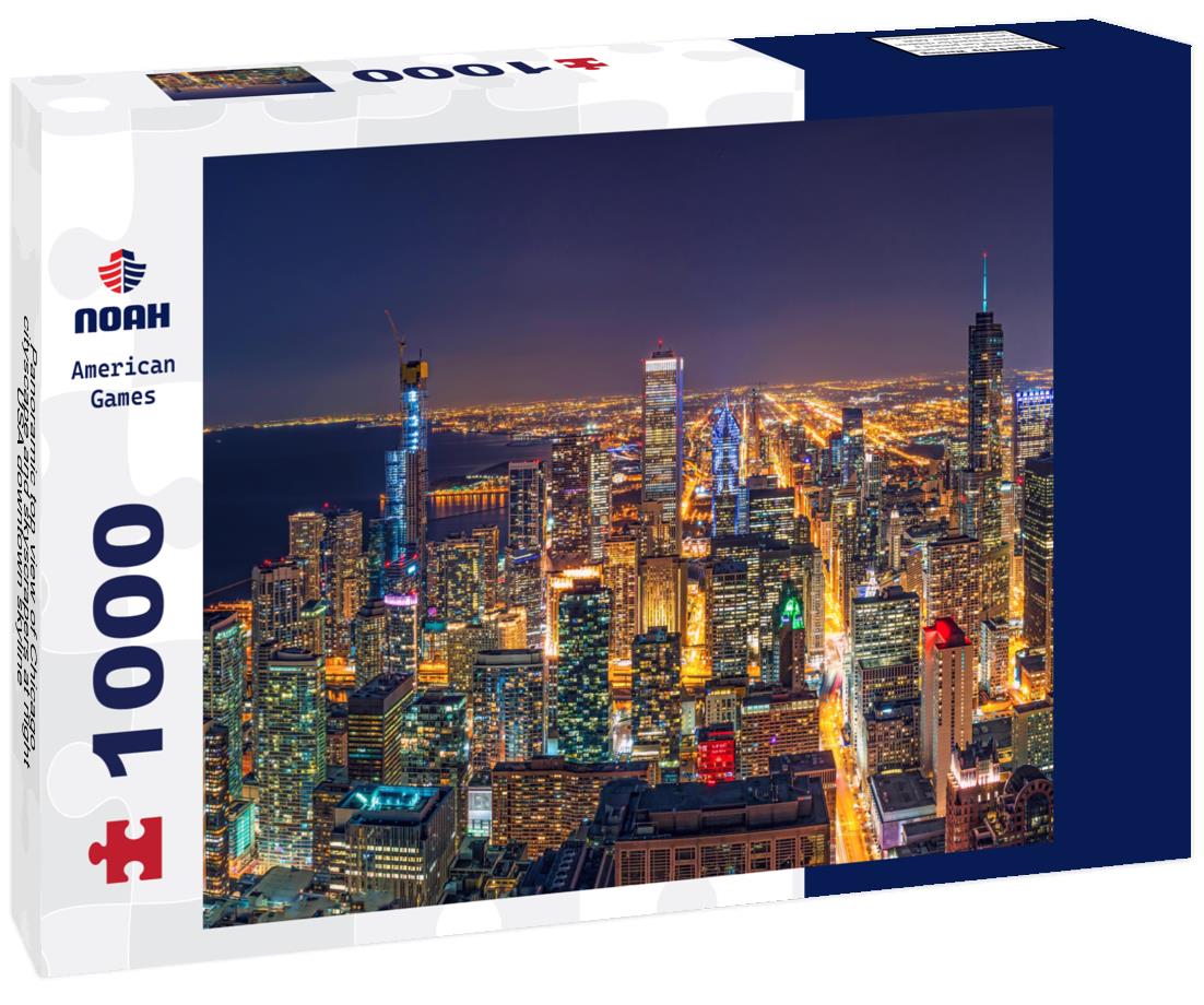 Noah Jigsaw Puzzle Panoramic top view of Chicago cityscape and skyscrapers at night, USA downtown skyline 1000 pieces