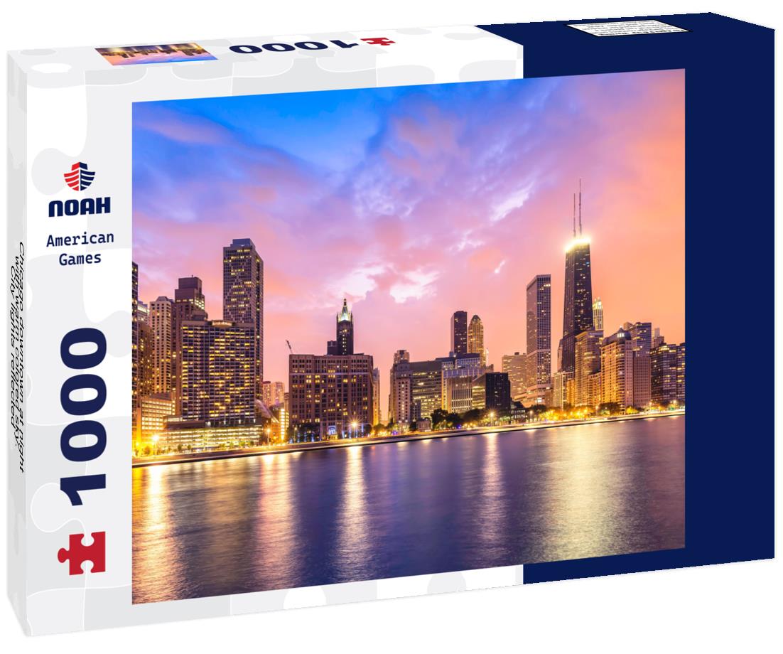 Noah Jigsaw Puzzle Chicago downtown at night with warm colored sky. City lights reflected in Lake Michigan 1000 pieces