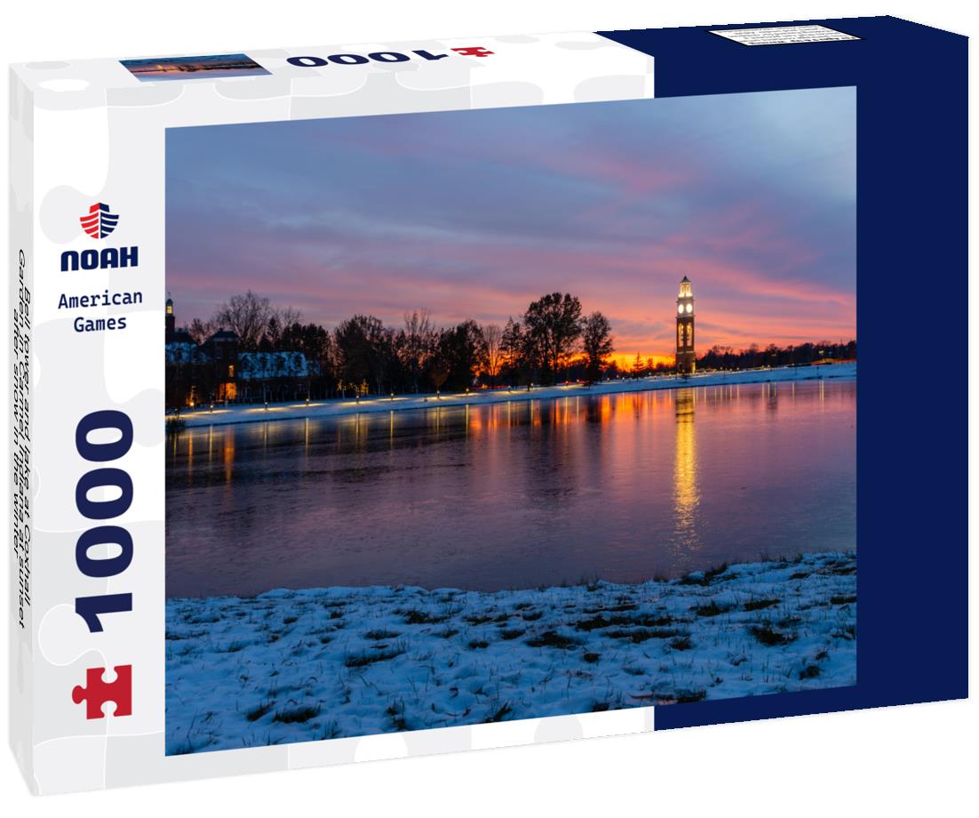 Noah Jigsaw Puzzle Bell tower and lake at Coxhall Garden in Carmel Indiana at sunset after snow in the winter 1000 pieces