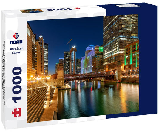 Noah Jigsaw Puzzle Scene of Chicago riverfront cityscape at dusk, USA downtown skyline, Illinois, United States 1000 pieces