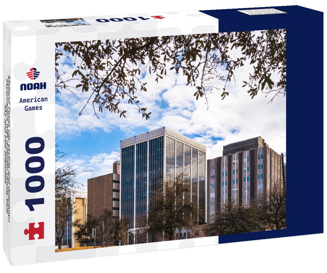 Noah Jigsaw Puzzle Midland Texas city skyline and downtown skyscrapers with dramatic cloudy blue sky and tree branches 1000 pieces