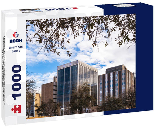 Noah Jigsaw Puzzle Midland Texas city skyline and downtown skyscrapers with dramatic cloudy blue sky and tree branches 1000 pieces