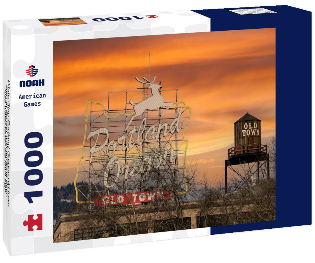 Noah Jigsaw Puzzle White Stag Portland Oregon old town sign at sunset with jumping deer. Also water tower old town sign 1000 pieces