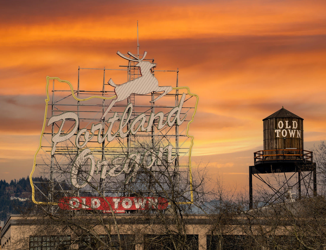 Noah Jigsaw Puzzle White Stag Portland Oregon old town sign at sunset with jumping deer. Also water tower old town sign 1000 pieces