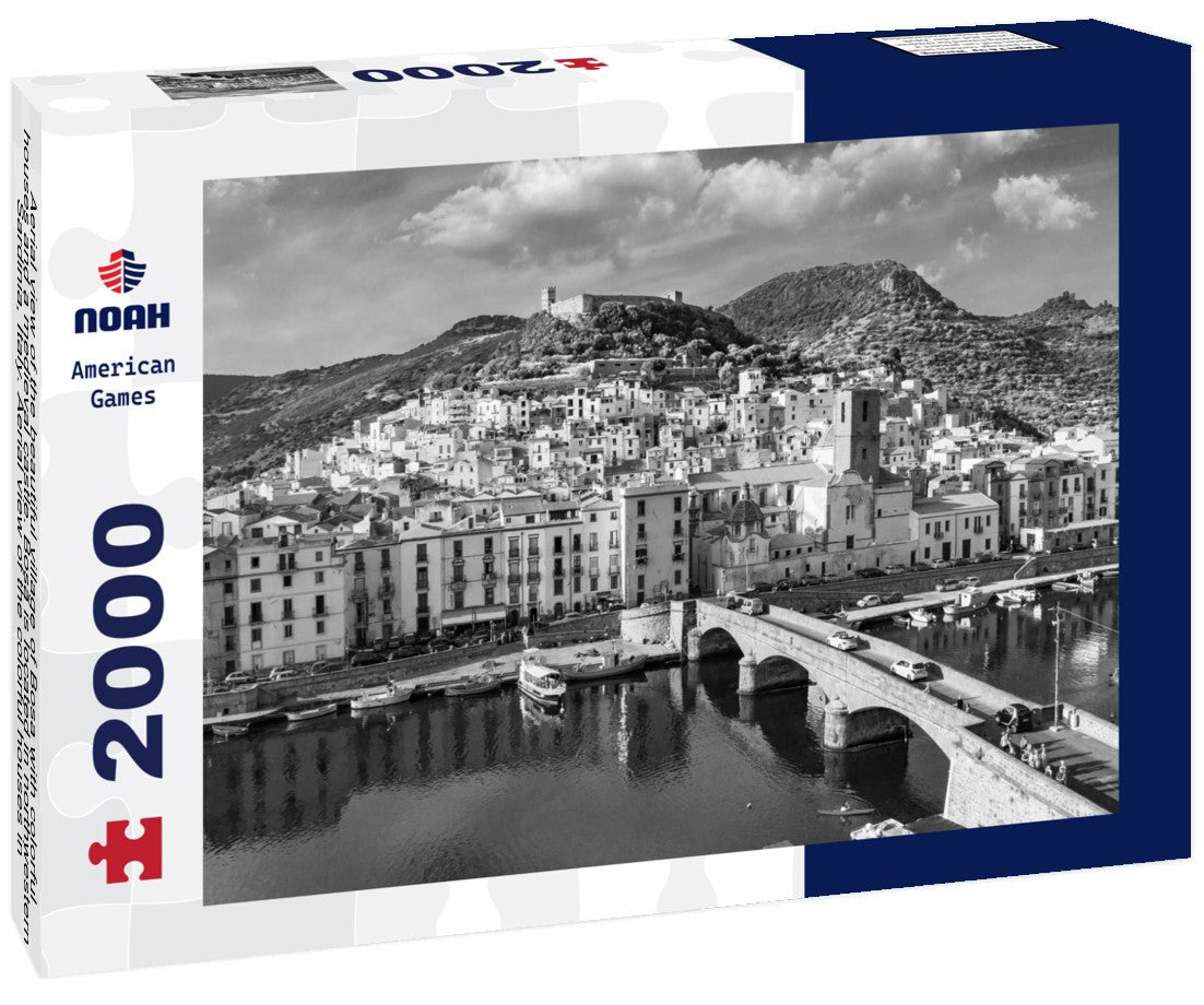 Aerial view of the beautiful village of Bosa with colorful houses and a medieval castle. Bosa is located in northwestern Sardinia, Italy. Aerial view of the colorful houses in Bosa village, Sardegna 2000pc PuzzleBlack and White