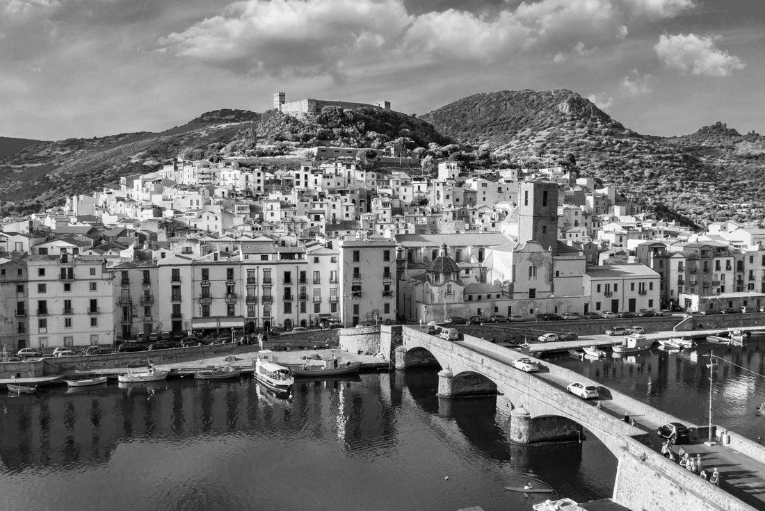 Aerial view of the beautiful village of Bosa with colorful houses and a medieval castle. Bosa is located in northwestern Sardinia, Italy. Aerial view of the colorful houses in Bosa village, Sardegna 2000pc PuzzleBlack and White