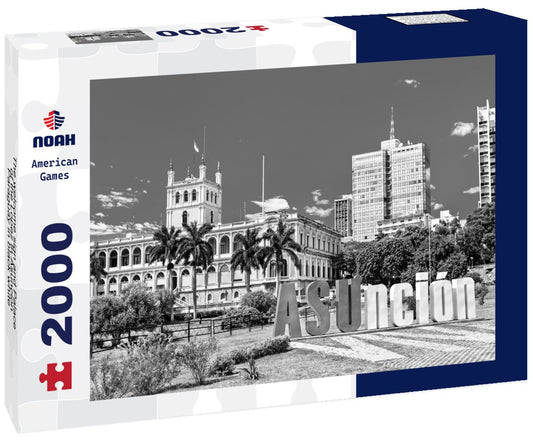Noah Jigsaw Puzzle The welcome sign and Palace of the Lopez in Asuncion, Paraguay in black white 2000 pieces