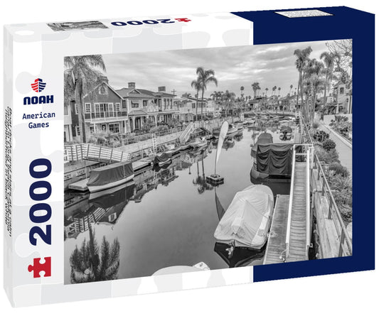Noah Jigsaw Puzzle Boat docks and stairs at a calm canal in Long beach California neighborhood in black white 2000 pieces