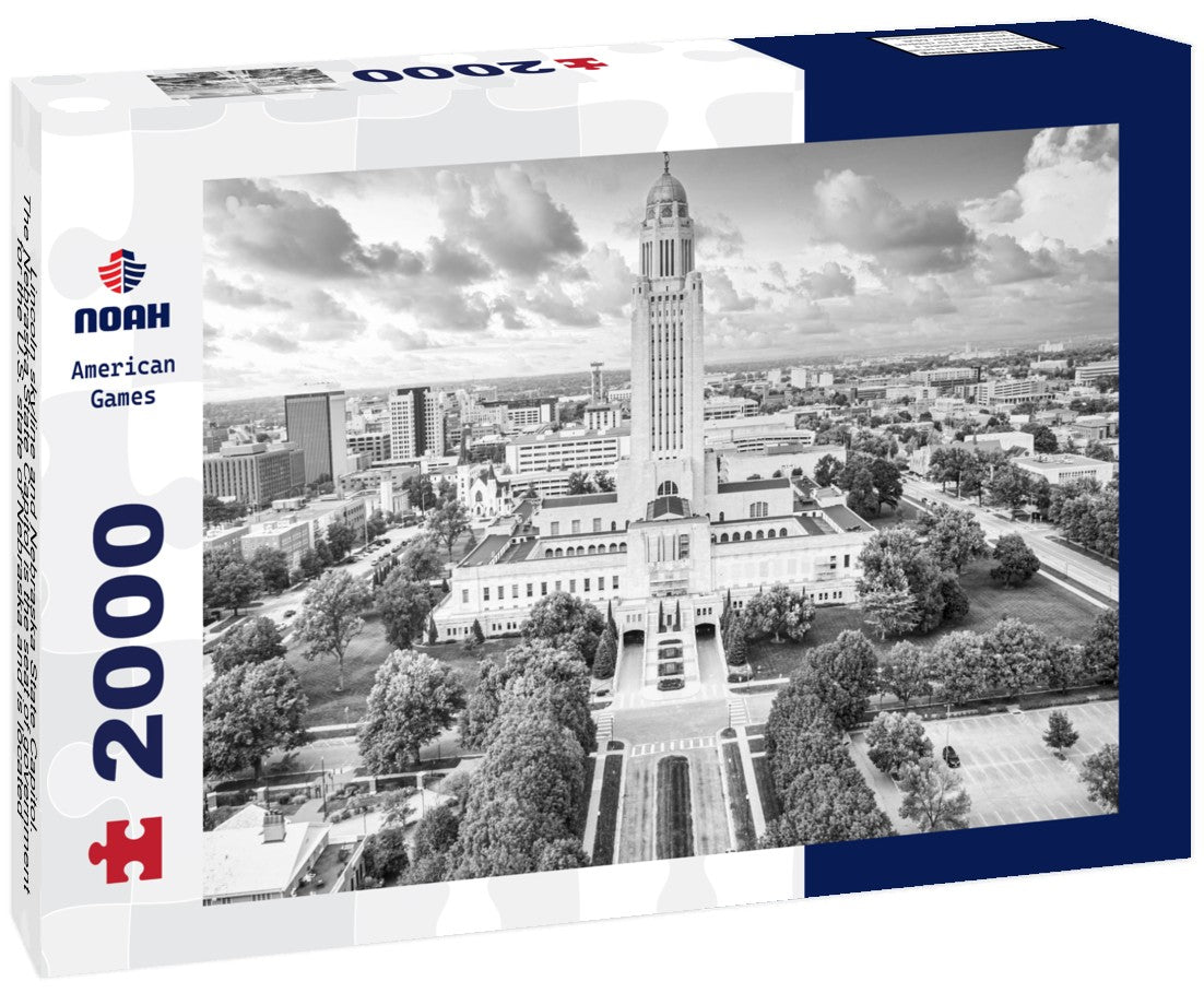 Lincoln skyline and Nebraska State Capitol. The Nebraska State Capitol is the seat of government for the U.S. state of Nebraska and is located in downtown Lincoln 2000pc PuzzleBlack and White