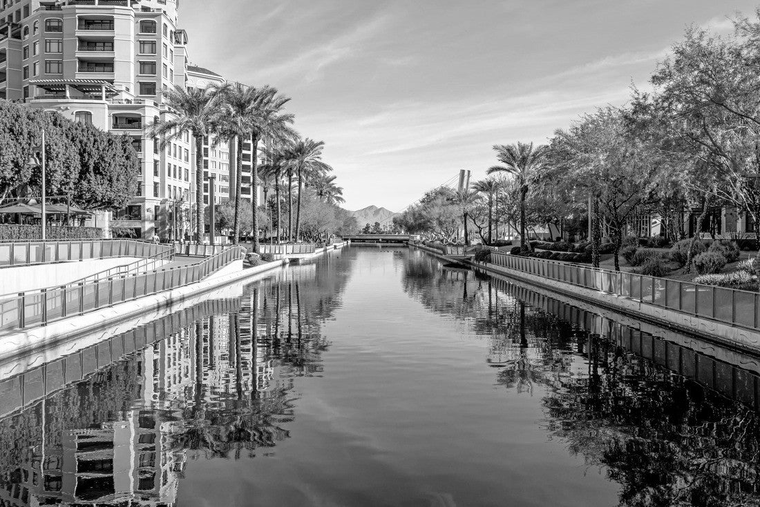 Daytime scene of canal running through waterfront district of Old Town Scottsdale, Arizona USA with condo housing, retail and restaurants 2000pc PuzzleBlack and White