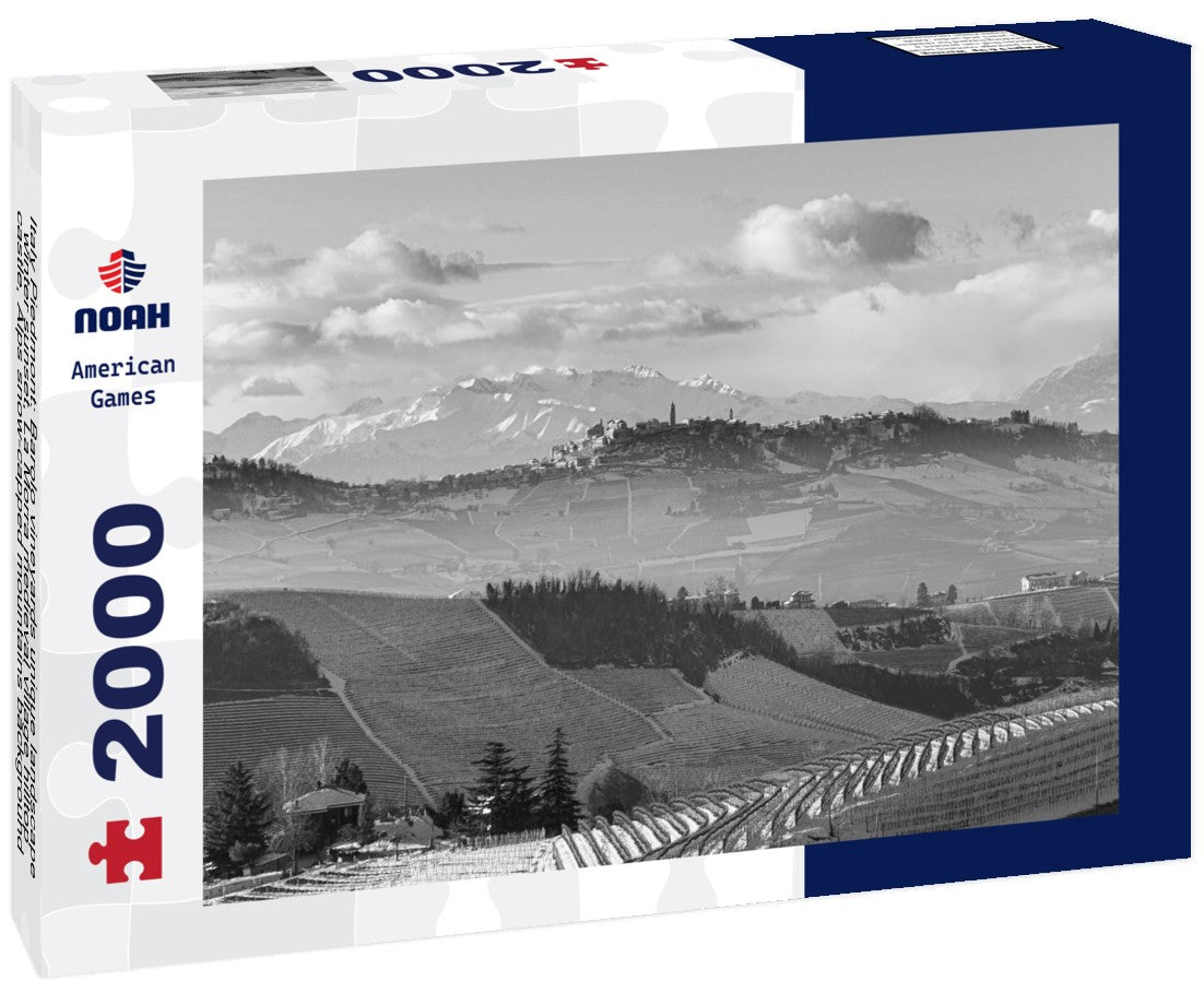 Italy Piedmont: Barolo vineyards unique landscape winter sunset, La Morra medieval village hilltop castle, Alps snow-capped mountains background, Italian heritage winemaking 2000pc PuzzleBlack and White