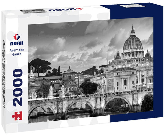 Noah Jigsaw Puzzle St. Peter's Basilica and Ponte Vittorio Emanuele II bridge in the Vatican City, Rome, Italy in black white 2000 pieces