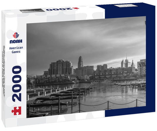 Noah Jigsaw Puzzle Buffalo cityscape view at early cold morning from erie basin marina in black white 2000 pieces