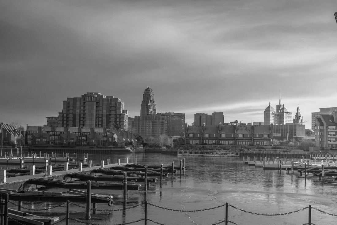Buffalo cityscape view at early cold morning from erie basin marina 2000pc PuzzleBlack and White