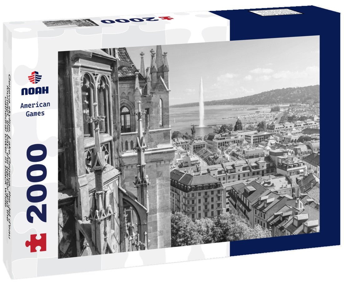 Noah Jigsaw Puzzle Geneva skyline, Lake Geneva, the Jet d'eau fountain, the bay, the harbor and the cathedral tower in black white 2000 pieces