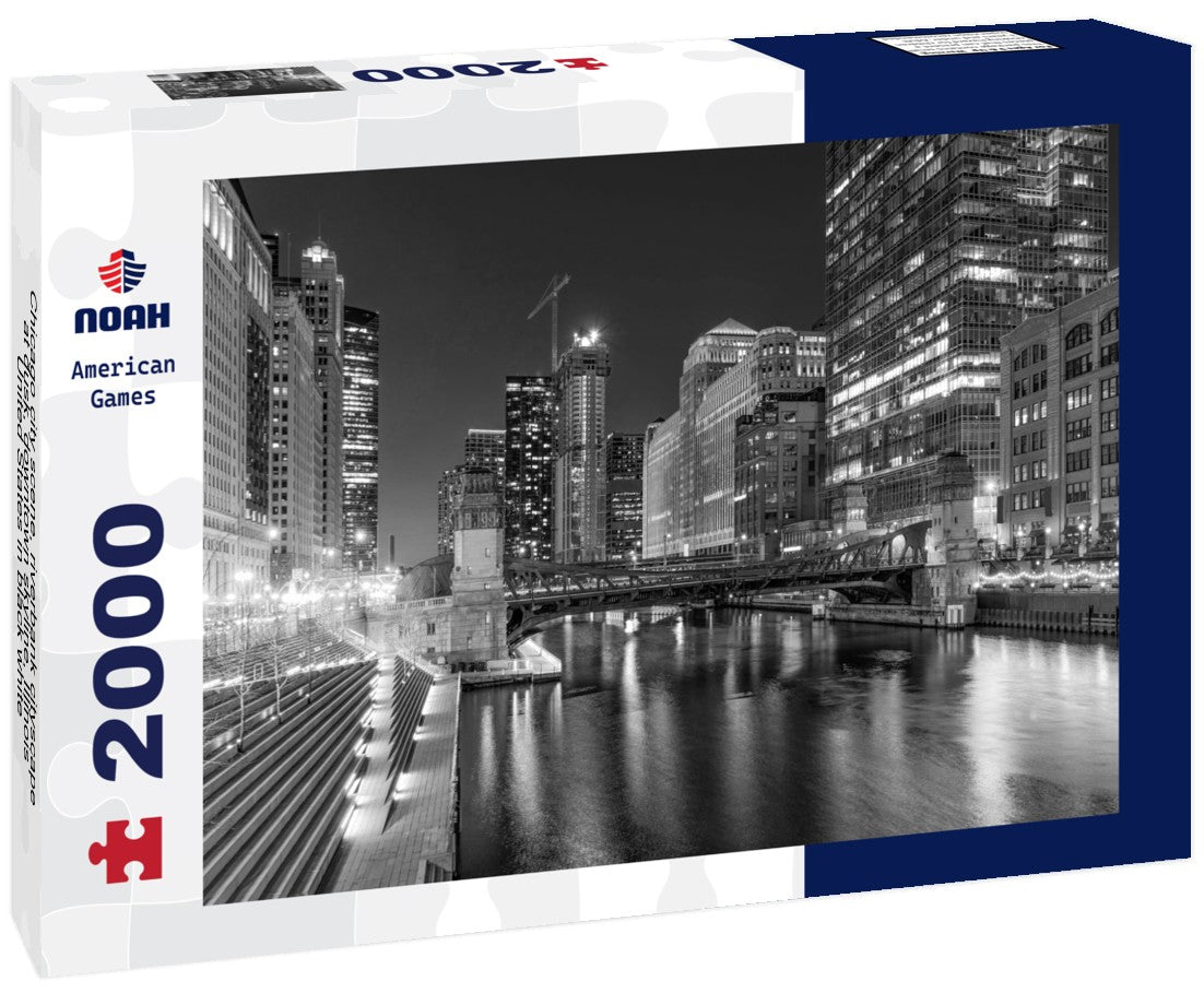 Noah Jigsaw Puzzle Chicago city scene, riverbank cityscape at dusk, downtown skyline, Illinois, United States in black white 2000 pieces