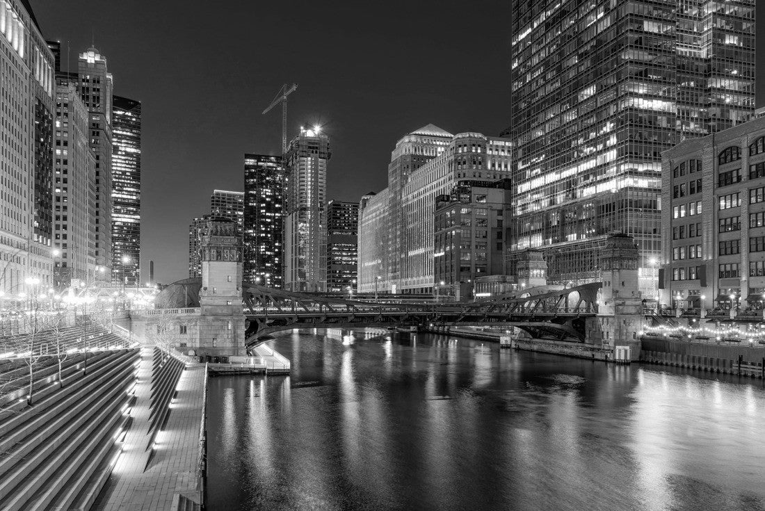 Noah Jigsaw Puzzle Chicago city scene, riverbank cityscape at dusk, downtown skyline, Illinois, United States in black white 2000 pieces
