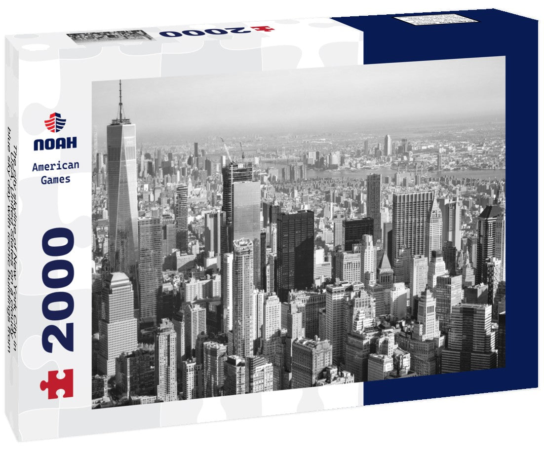 The city skyline of New York City in USA, United States on a cloudy, blue sky day with iconic buildings from aerial, point of view 2000pc PuzzleBlack and White