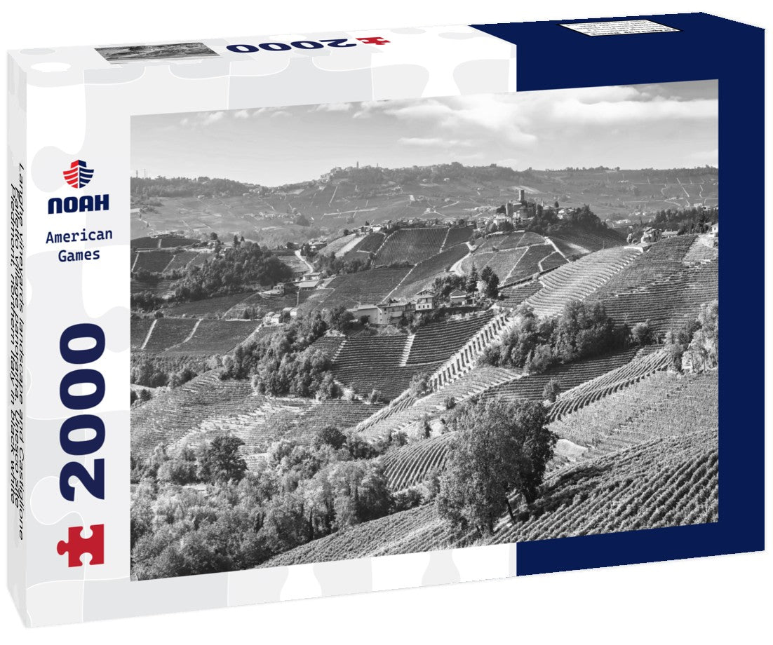 Noah Jigsaw Puzzle Langhe vineyards landscape and Castiglione Falletto village panorama, Unesco site, Piedmont, northern Italy in black white 2000 pieces