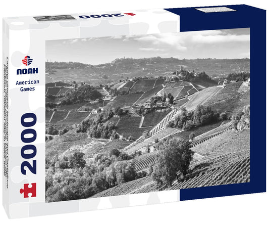 Noah Jigsaw Puzzle Langhe vineyards landscape and Castiglione Falletto village panorama, Unesco site, Piedmont, northern Italy in black white 2000 pieces