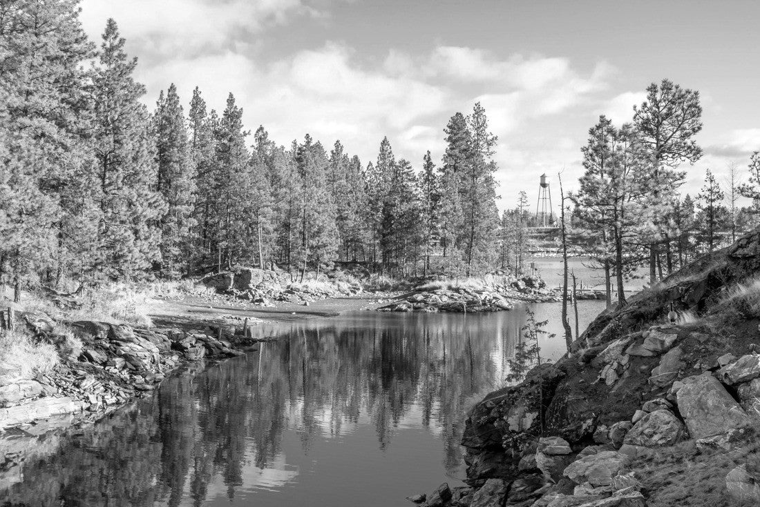 The Spokane River flows into the Post Falls Dam in the city of Post Falls Idaho in the Pacific Northwest 2000pc PuzzleBlack and White