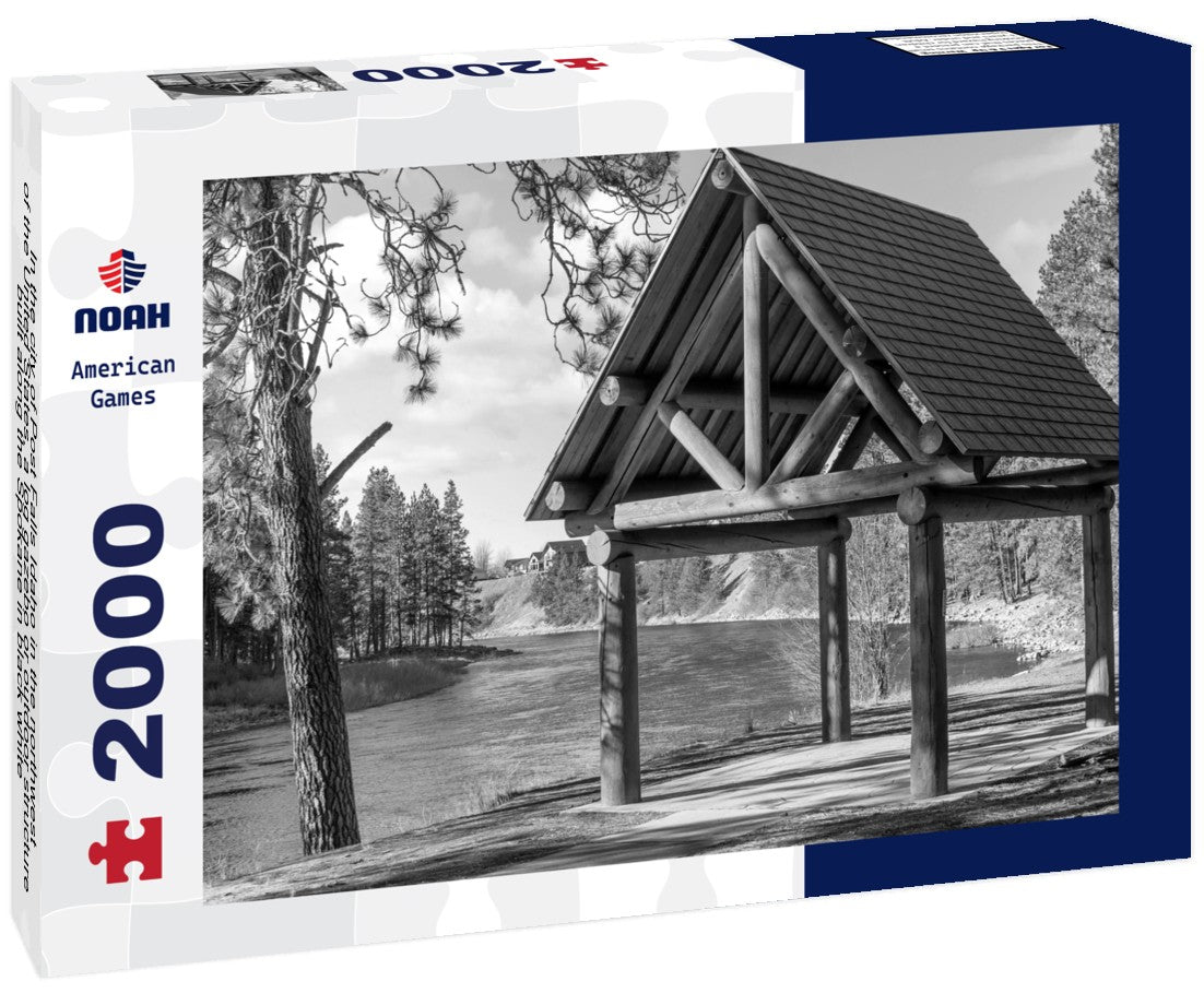 In the city of Post Falls Idaho in the northwest of the United States, a log gazebo or outdoor structure built along the Spokane 2000pc PuzzleBlack and White