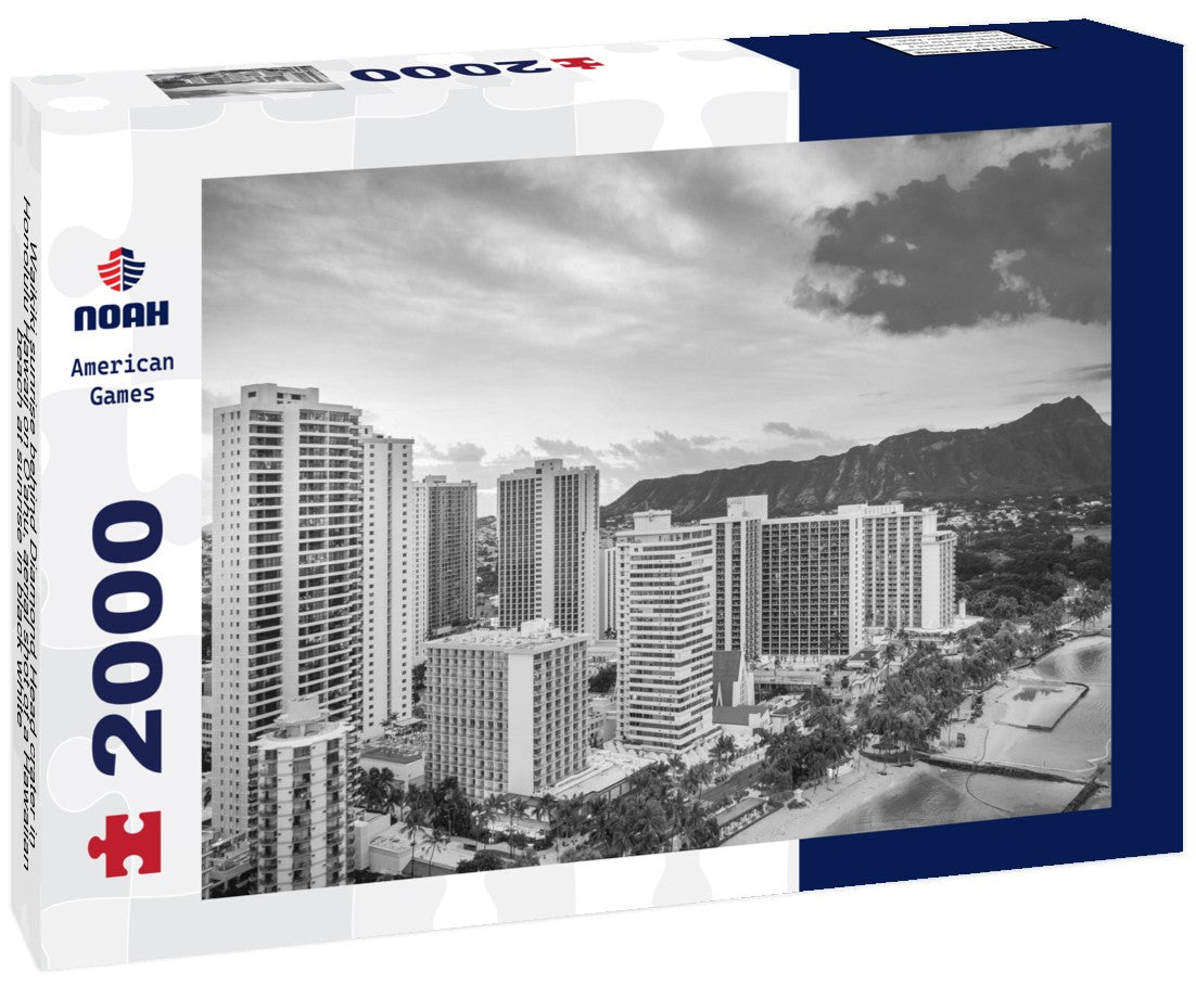 Waikiki sunrise behind Diamond Head crater in Honolulu Hawaii on O'ahu, aerial shot of a Hawaiian beach at sunrise 2000pc PuzzleBlack and White