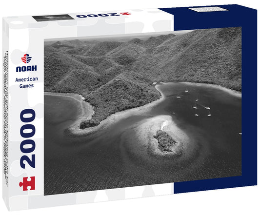 Noah Jigsaw Puzzle Waterlemon Cay with boats harboring in the bay on the island of St. John in the United States Virgin Islands National Park in black white 2000 pieces