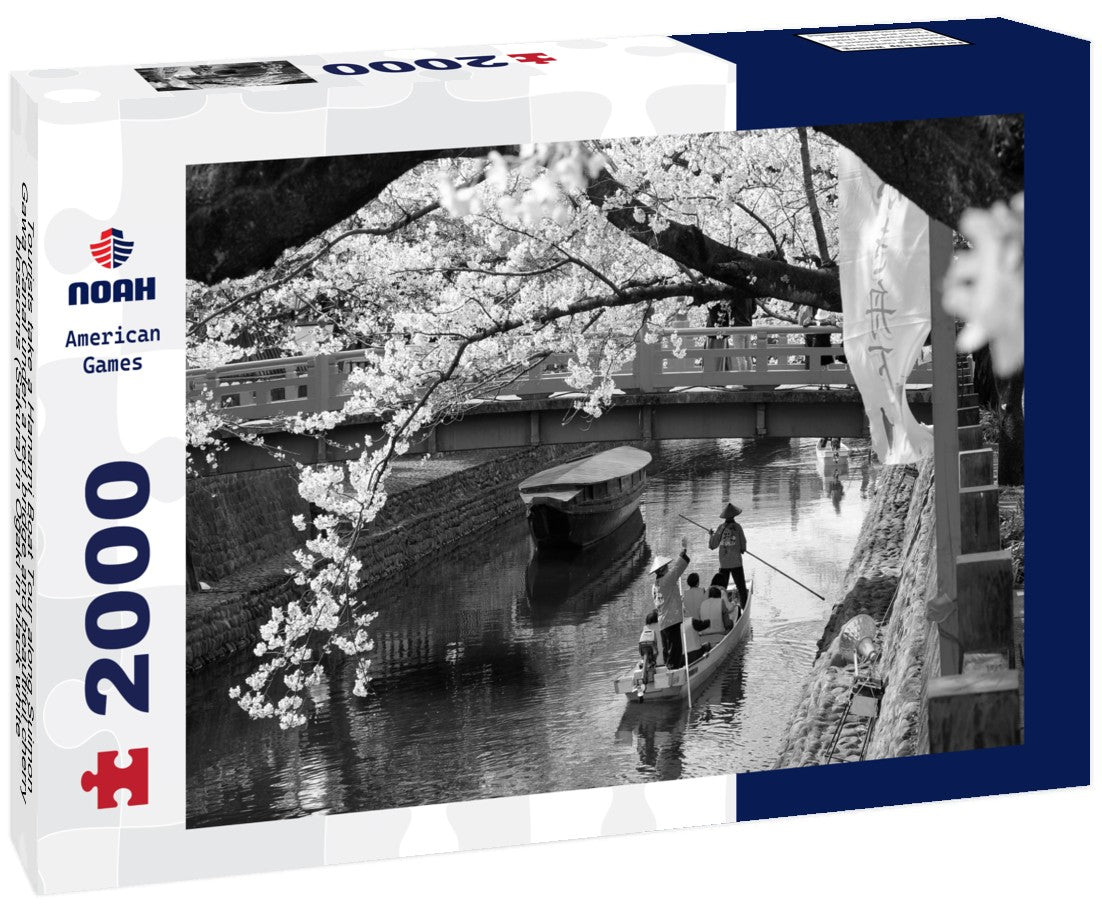 Tourists take a Hanami Boat Tour along Suimon-Gawa Canal under a red bridge and beautiful cherry blossoms (Sakura) in Ogaki 2000pc PuzzleBlack and White