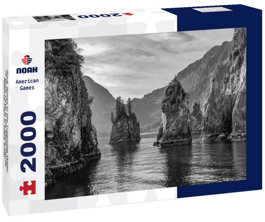 Noah Jigsaw Puzzle Rock Spires in the Turquoise Water of Spire Cove in the Kenai Fjords National Park in black white 2000 pieces