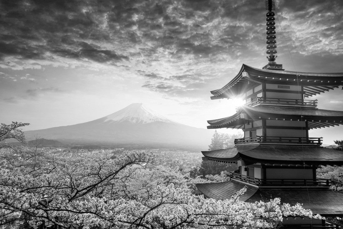 Fujiyoshida, Japan Beautiful view of mountain Fuji and Chureito pagoda at sunset, japan in the spring with cherry blossoms 2000pc PuzzleBlack and White