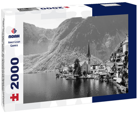 Noah Jigsaw Puzzle Beautiful romantic view on Church in Hallstatt on Hallstatter lake, alps Mountains. Salzkammergut, Salzburger Land, nearby Salzburg, Austria in black white 2000 pieces