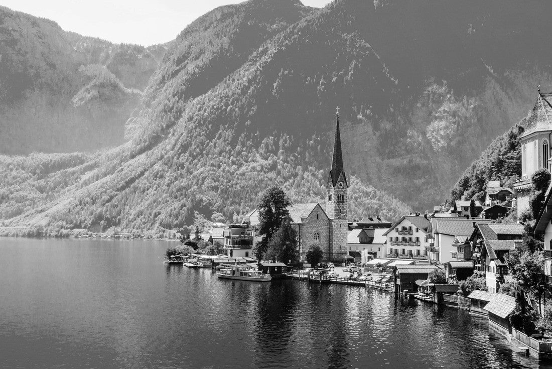 Noah Jigsaw Puzzle Beautiful romantic view on Church in Hallstatt on Hallstatter lake, alps Mountains. Salzkammergut, Salzburger Land, nearby Salzburg, Austria in black white 2000 pieces