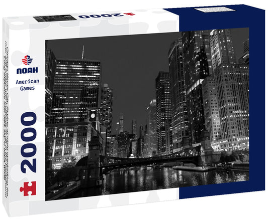 Noah Jigsaw Puzzle Chicago Illinois City Skyline at night overlooking the river and bridge with buildings lit up in the background Long exposure with dark sky in black white 2000 pieces