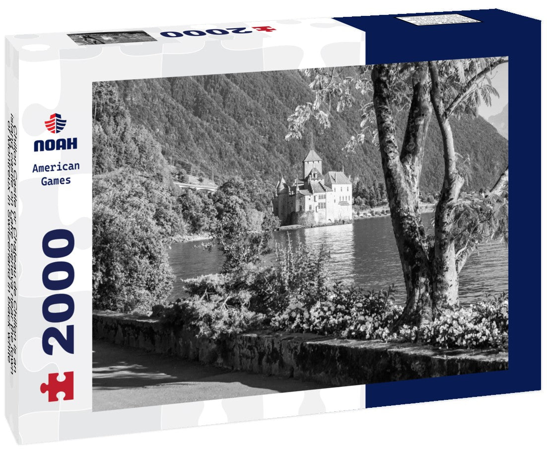 Chillon Castle or Chateau de Chillon is an island castle on Lake Geneva near the town of Montreux in Switzerland 2000pc PuzzleBlack and White