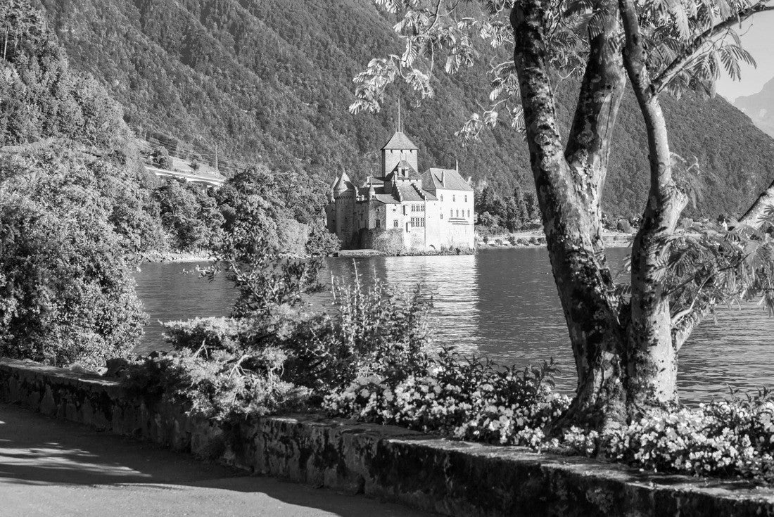 Chillon Castle or Chateau de Chillon is an island castle on Lake Geneva near the town of Montreux in Switzerland 2000pc PuzzleBlack and White