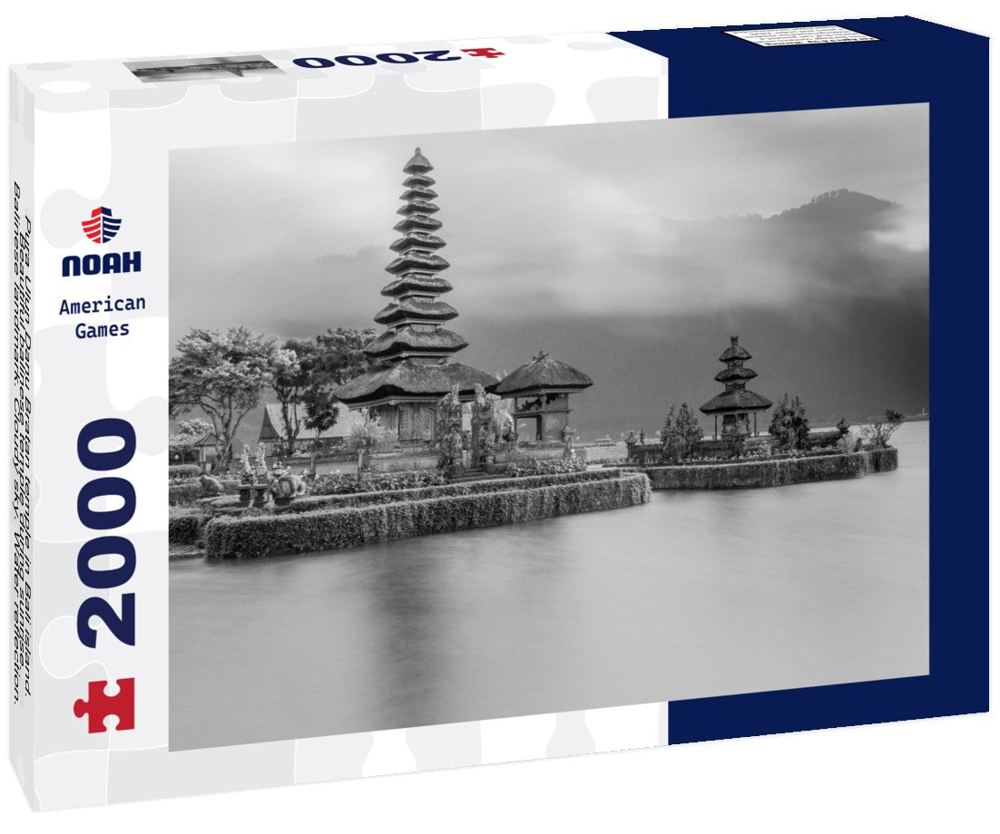 Noah Jigsaw Puzzle Pura Ulun Danu Bratan temple in Bali island. Beautiful balinese temple during sunrise. Balinese landmark. Cloudy sky. Water reflection. Slow shutter speed. Bratan lake, Bali, Indonesia in black white 2000 pieces